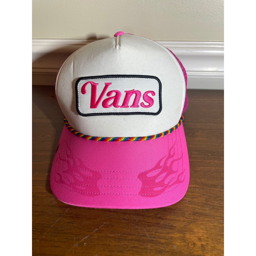 Vans Off The Wall Pink White Trucker Hat Rainbow Rope Flame Brim Snapback Cap
